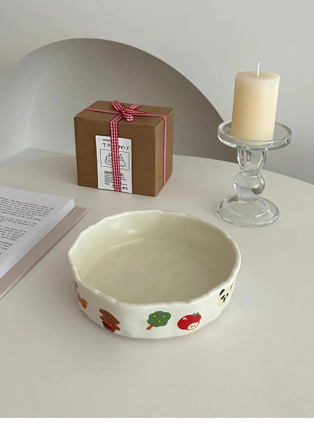 Cute Little Design Matte Hand Pressed Ceramic Deep Plate Cartoon Bowl