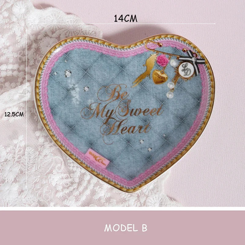 Pink Heart Shaped Dining Plate, Breakfast Tray, Ceramic Lace, Leopard Pattern Tableware, Afternoon Tea Salad Dessert