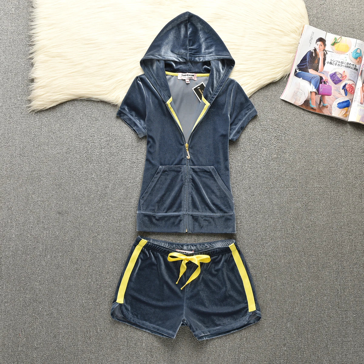 Velvet Velour Shorts Tracksuit Two Piece Sets Women Outfit Short Sleeve Top and Short Sets