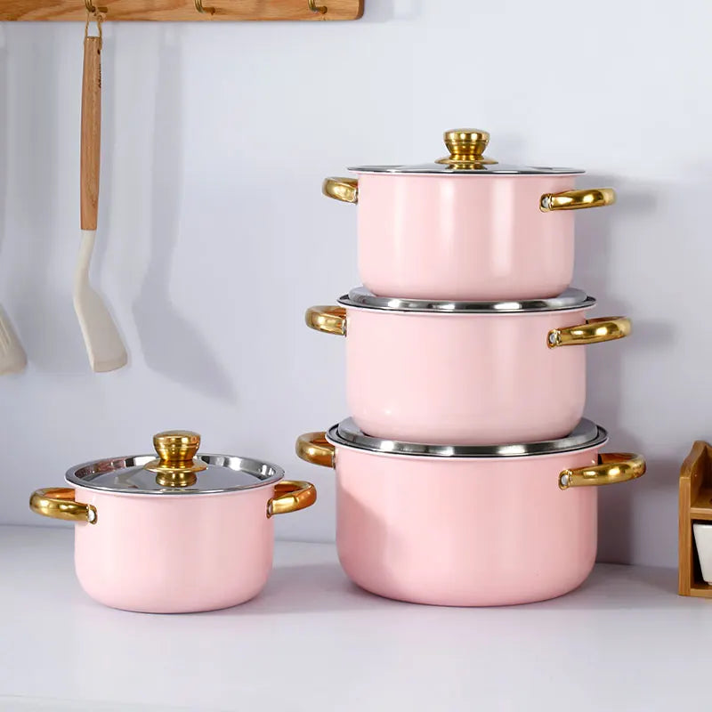 Stainless Steel Pink Pot Set, Gold Handle, Universal For Induction Cooker And Gas Stove, Suitable For Kitchen Cooking