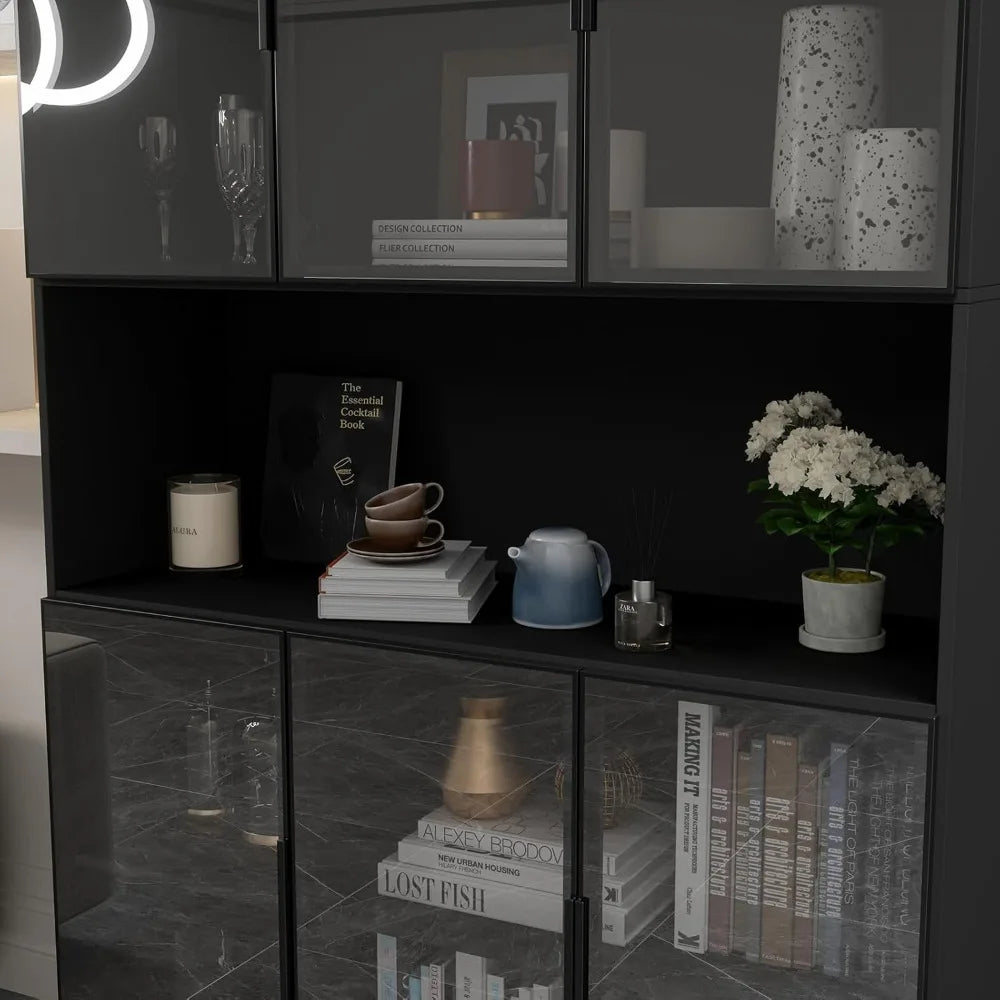 Glass Doors Display Cabinet with Lights and Shelves, Storage Cabinets Morden Bookcase Trophy Case Display Cabinet with Hutch for