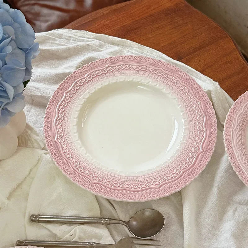 Pink Ceramic Plate French Underglaze Colored Plate Dinner Set Plates and Dishes