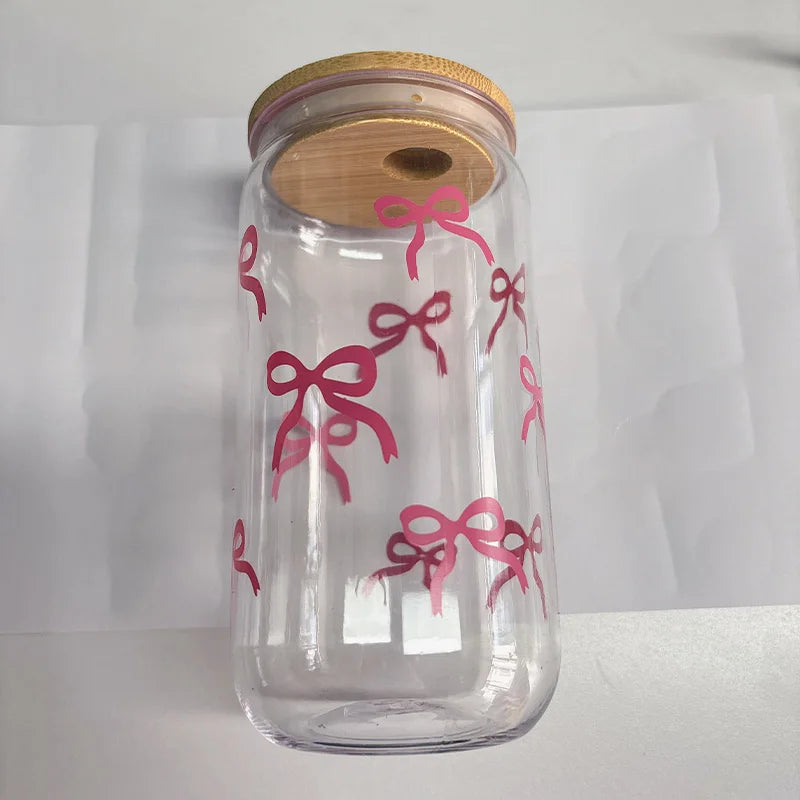 Cute Bow Glass Cup Tumbler Mason Jar Shaped With Lids & Straw
