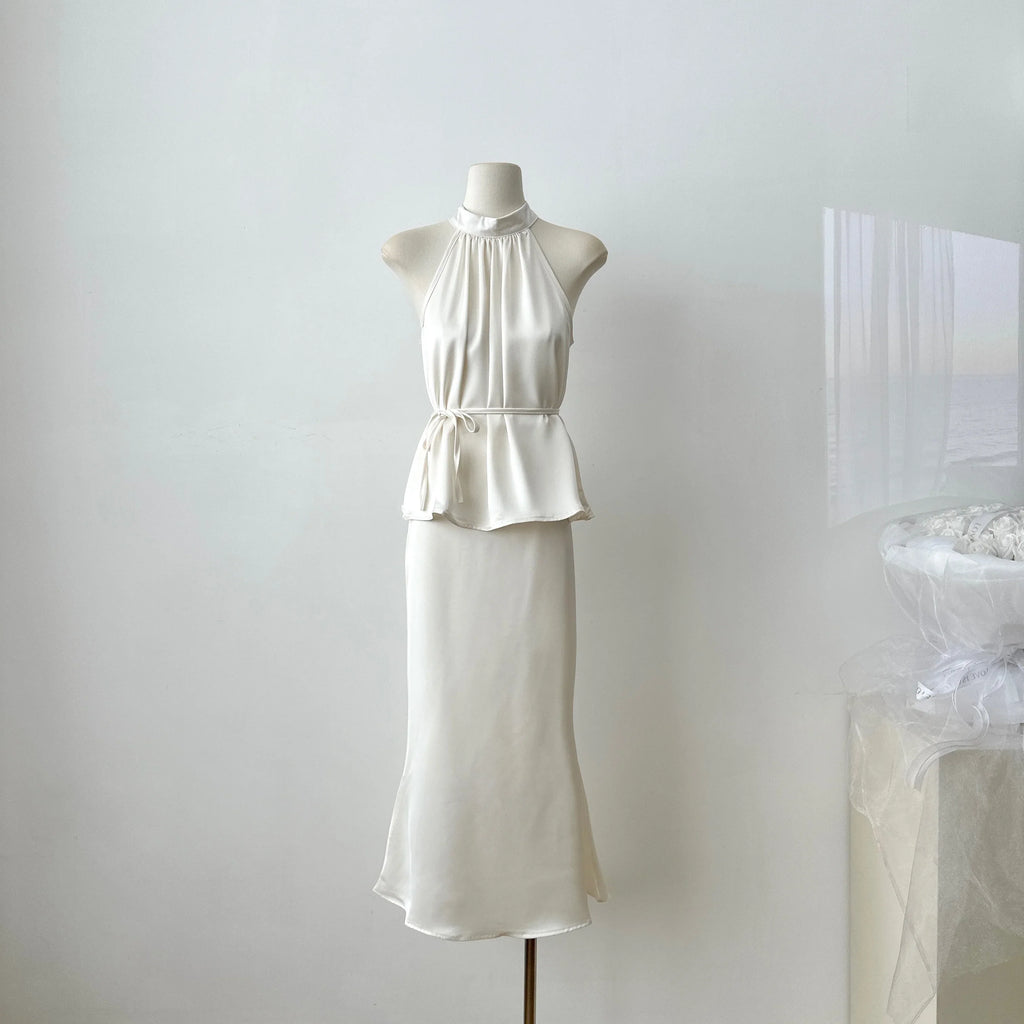 Sweet Hot Girl Casual Suit Women's Summer Satin Sleeveless Top High Waist Long Skirt Two-piece Set Fashion Female Clothes