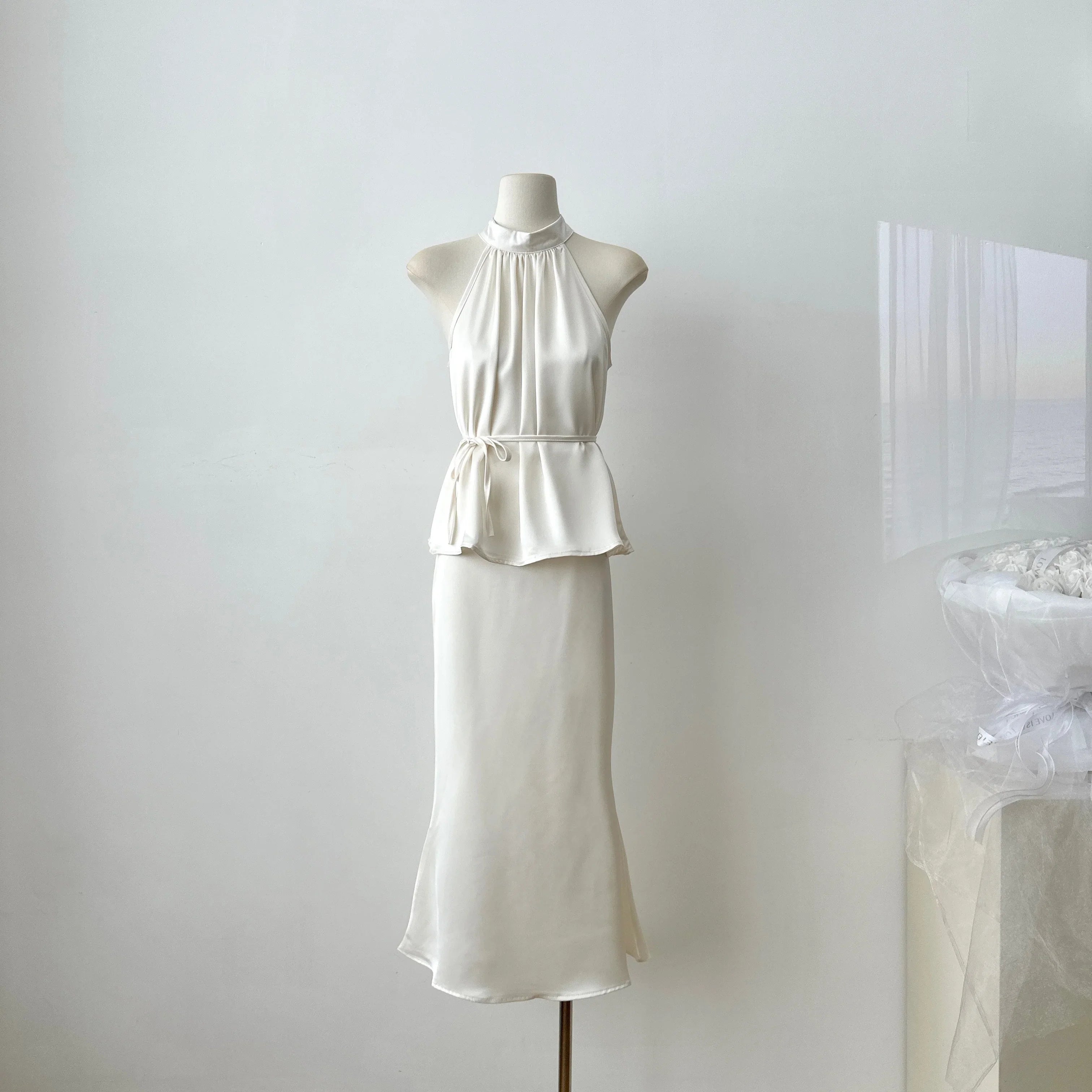 Sweet Hot Girl Casual Suit Women's Summer Satin Sleeveless Top High Waist Long Skirt Two-piece Set Fashion Female Clothes