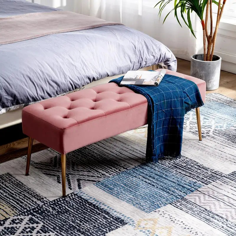 Velvet Tufted Bench with Gold Legs â€?Modern Upholstered Entryway & Bedroom Seating, 46â€?Wide