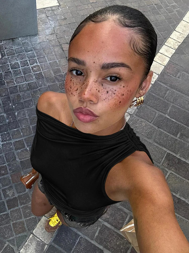 Irregular Women Tank Tops Shirring Shoulder Ruched Summer Chic Fashion Solid Hottie Simple Basic Streetwear Slim Top