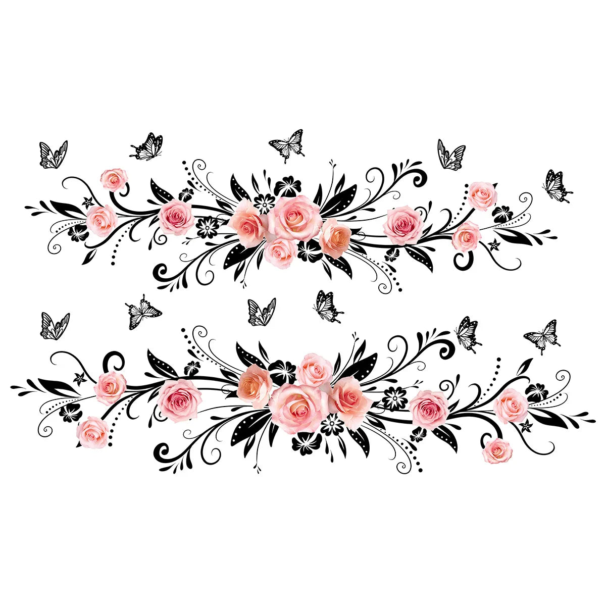 Pink Rose and Black Butterfly Glass Wall Sticker Cozy Living Room Bathroom Bedroom Double Sided Visible Self Adhesive Sticker