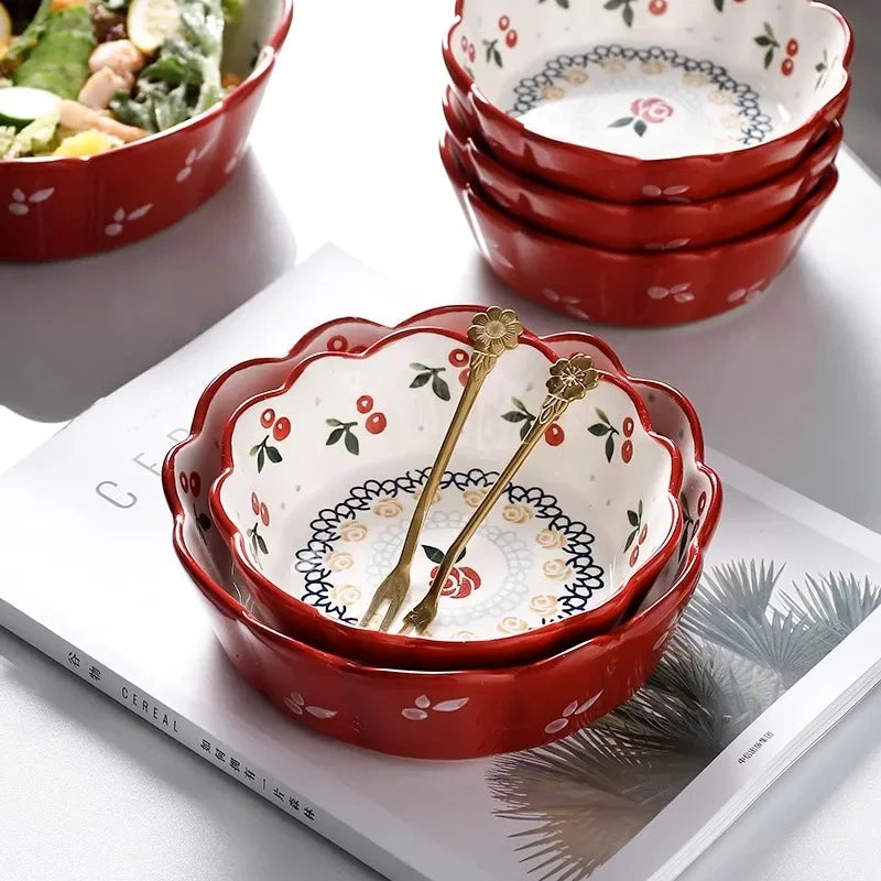 Cherry Ceramic Bowl Retro Vegetable Salad Bowl Fruit Bowl Steamed Egg Bowls Dessert Snack Bowls Restaurant Ceramic Tableware