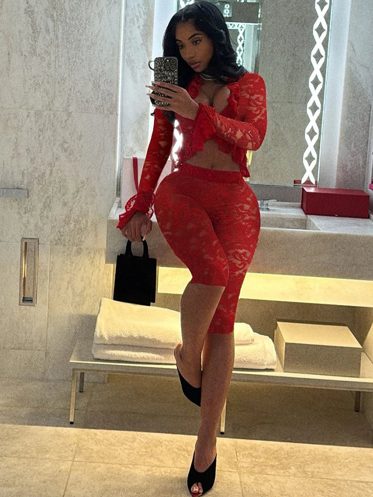 Jacquard Sexy Women 2 Piece Set Coquette Full Sleeve Ruffles Crop Tops+Bike Shorts Outfit