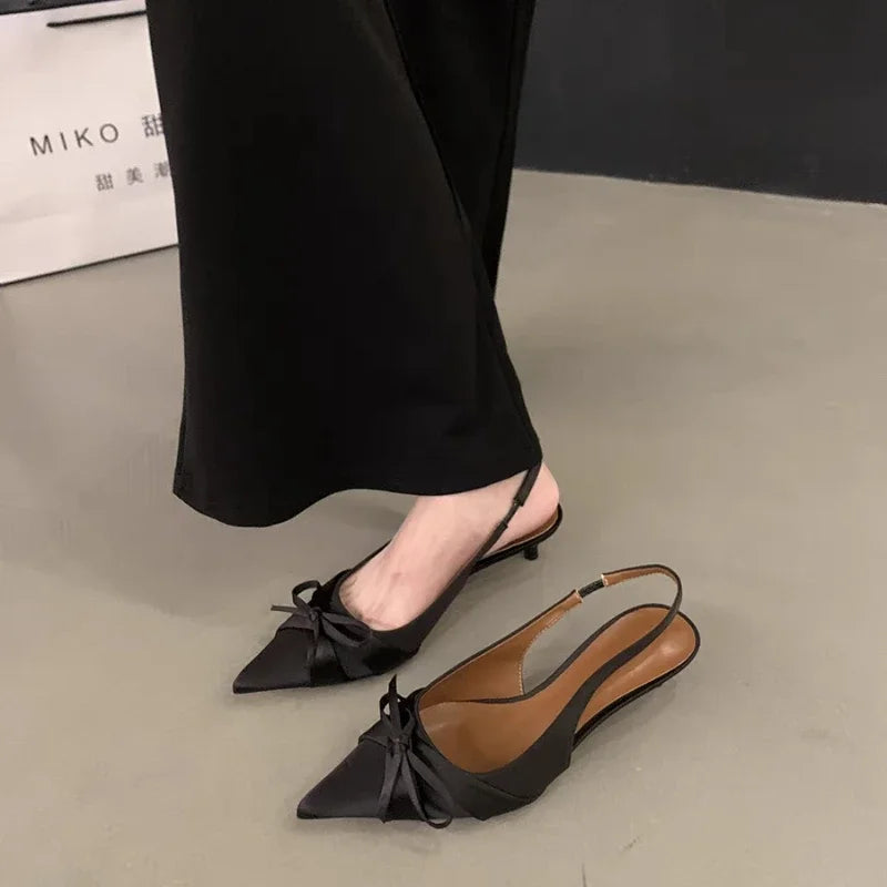 Female Shoes Slingbacks Women's High Heels Slip on Dress Pumps Women Pointed Toe Bow Tie Low Thin Heel Sandals