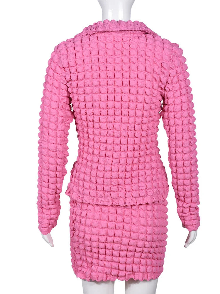 Cute 2 Two Piece Set Women Skirt Long Sleeve Button Top+Mini Skirt