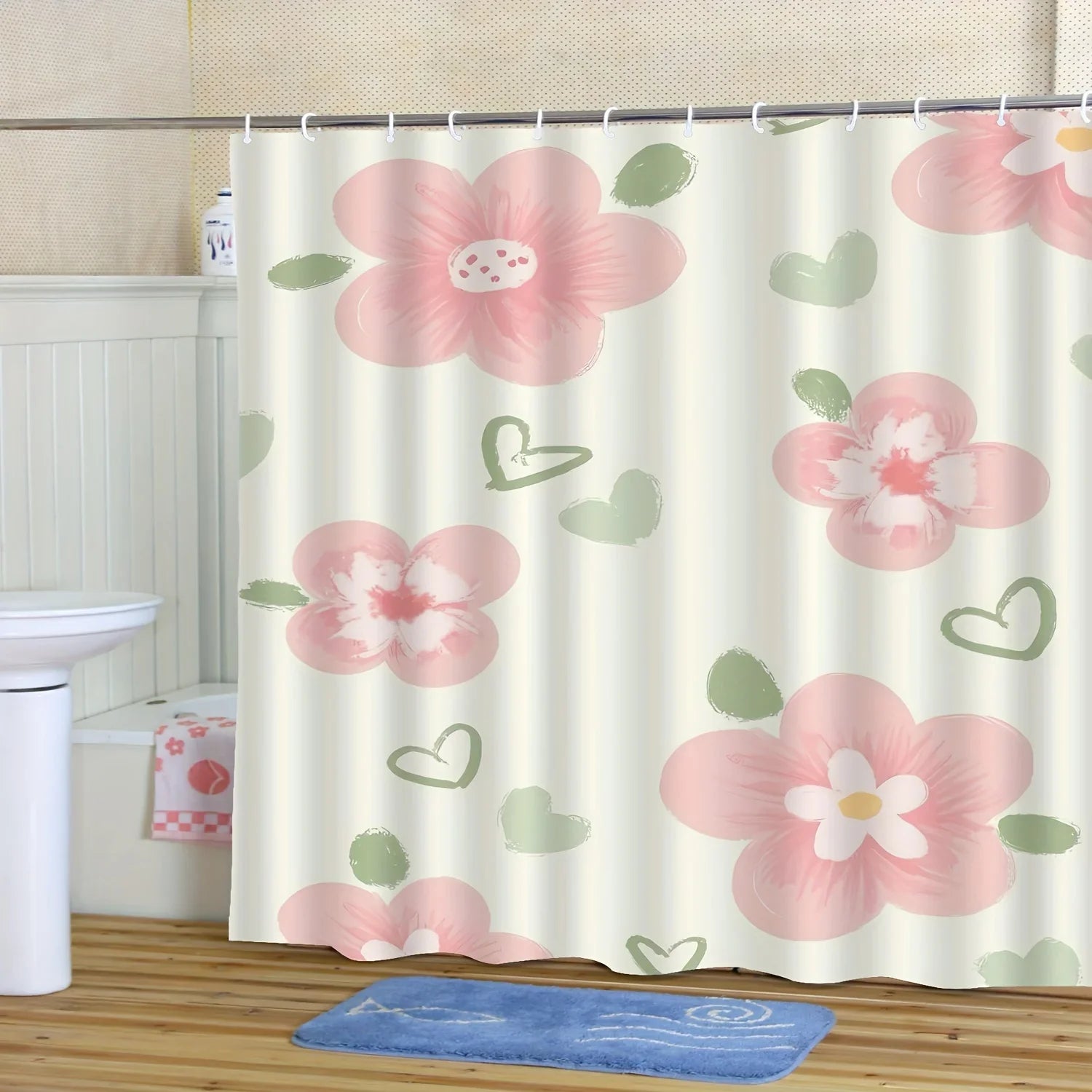 Pink Floral and Heart Print High Quality Shower Curtain - Cute and Stylish Bathroom Decor with Hooks, Polyester Fabric