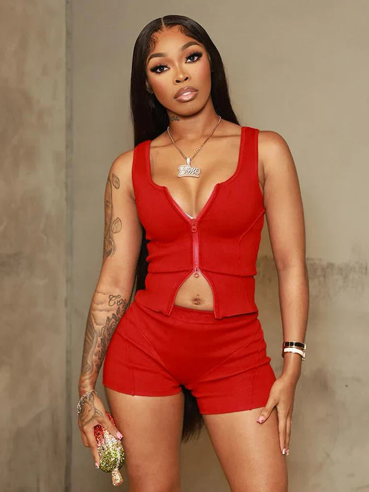 Casual Women 2 Piece Set Stretch Double Zip Tank Tops+Shorts Matching Patchwork Simple Basic Streetwear