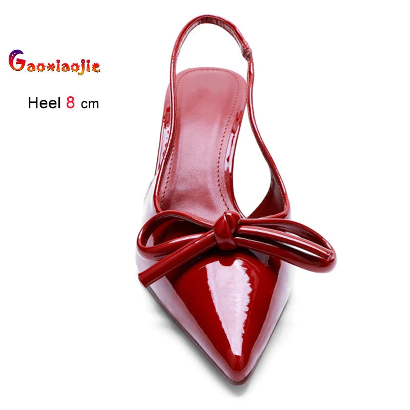 Sexy Women's Red Bow Pointed Toe Patent Leather Back Strap Stiletto Shoes