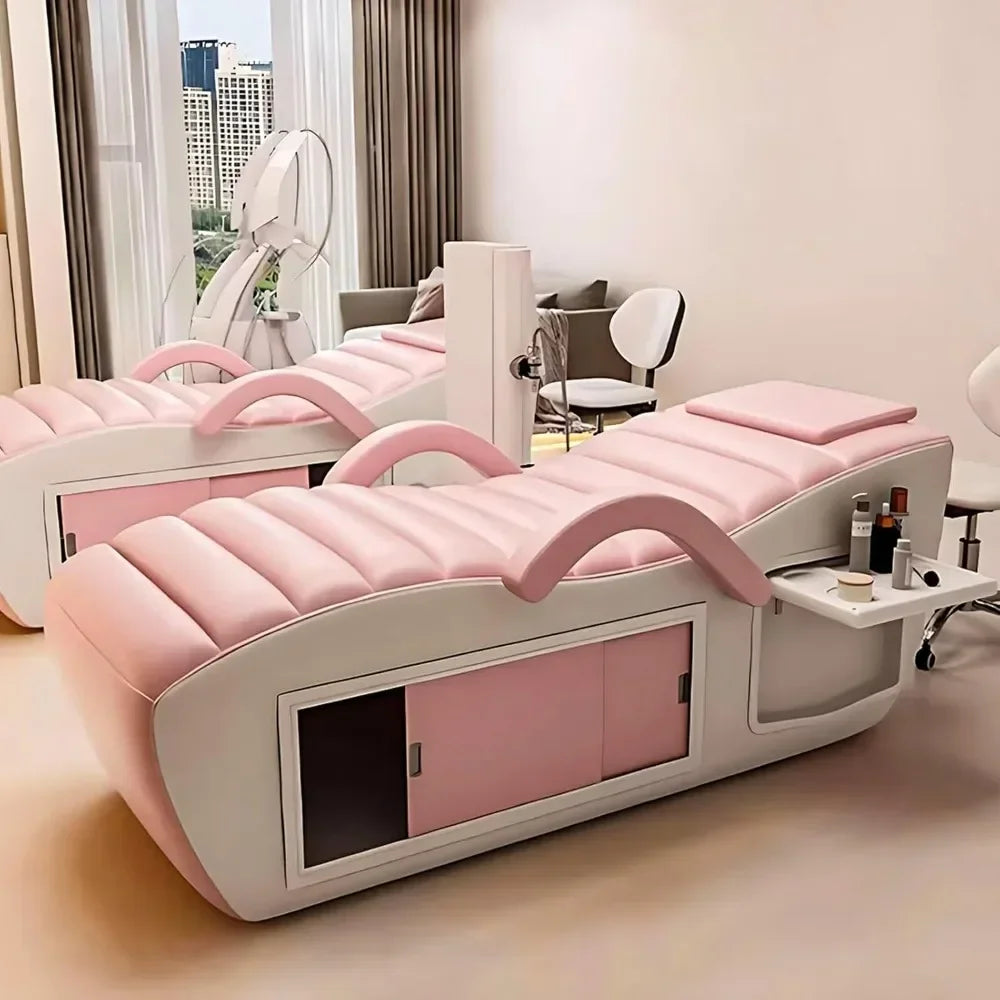 Electric Massage Table & Facial Bed Includes Pink Striped Bed Design,Spa Beauty Bed with Open Storage Dividers, Reversible