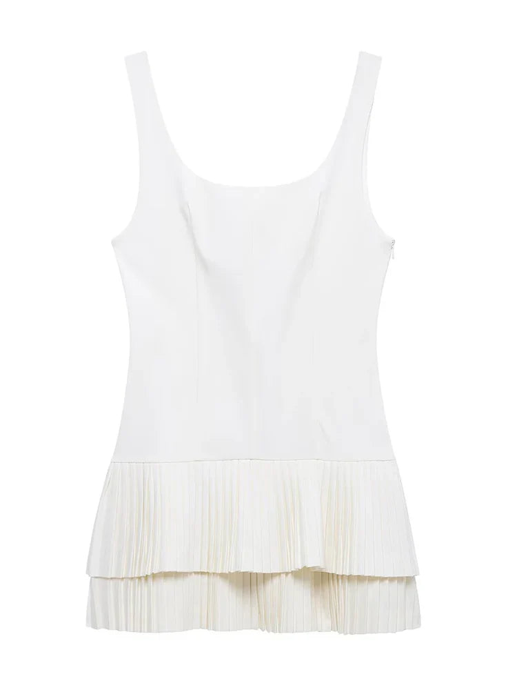 Elegant Women Solid Pleated Mini Dress Square Collar Backless Folds Slim Dress Fashion Sleevelesss