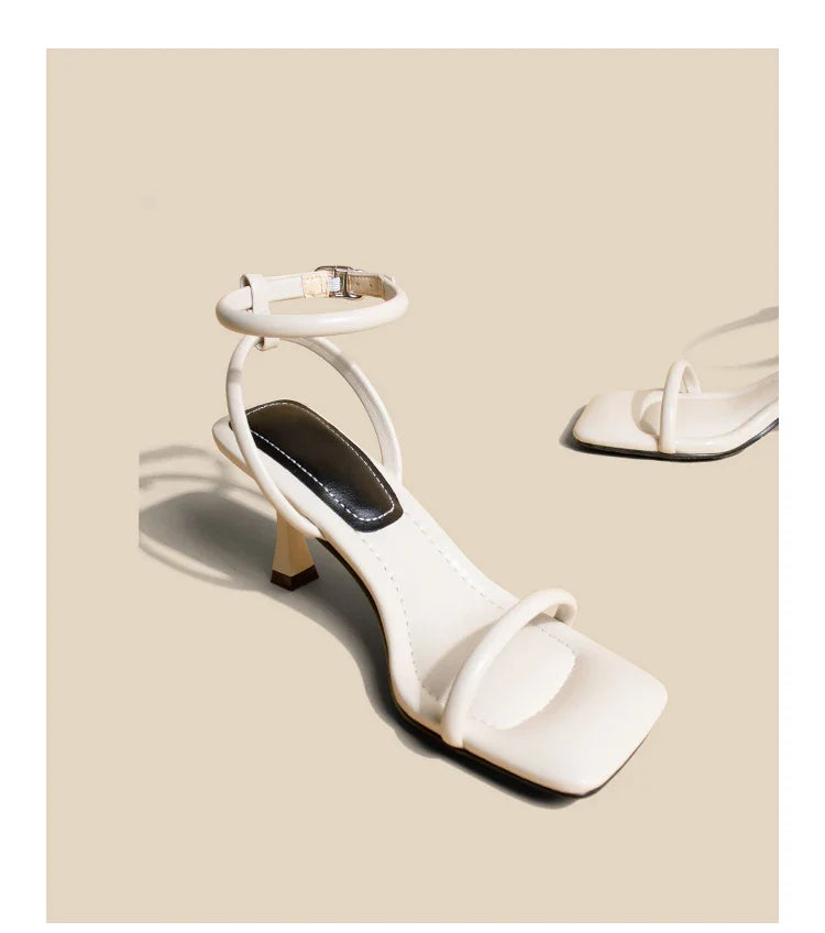 Women's High Heel Sandals Square Toe Thin Heels One-length Strip Open Toe Sandals