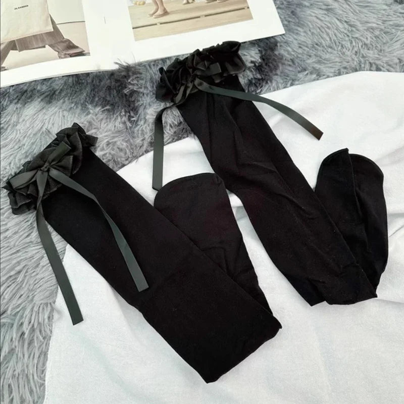 Women Lace Black White Ruffle Long Socks Women Girls Sweet Stockings Lolita Nylon Lace Leggings Over The Knee Bowknot Hosiery
