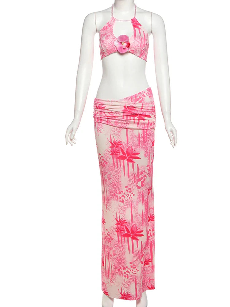 Fashion Patchwork 2 Piece Set Women Pearls Necklace Halter Applique Crop Tops+Skinny Skirt Set