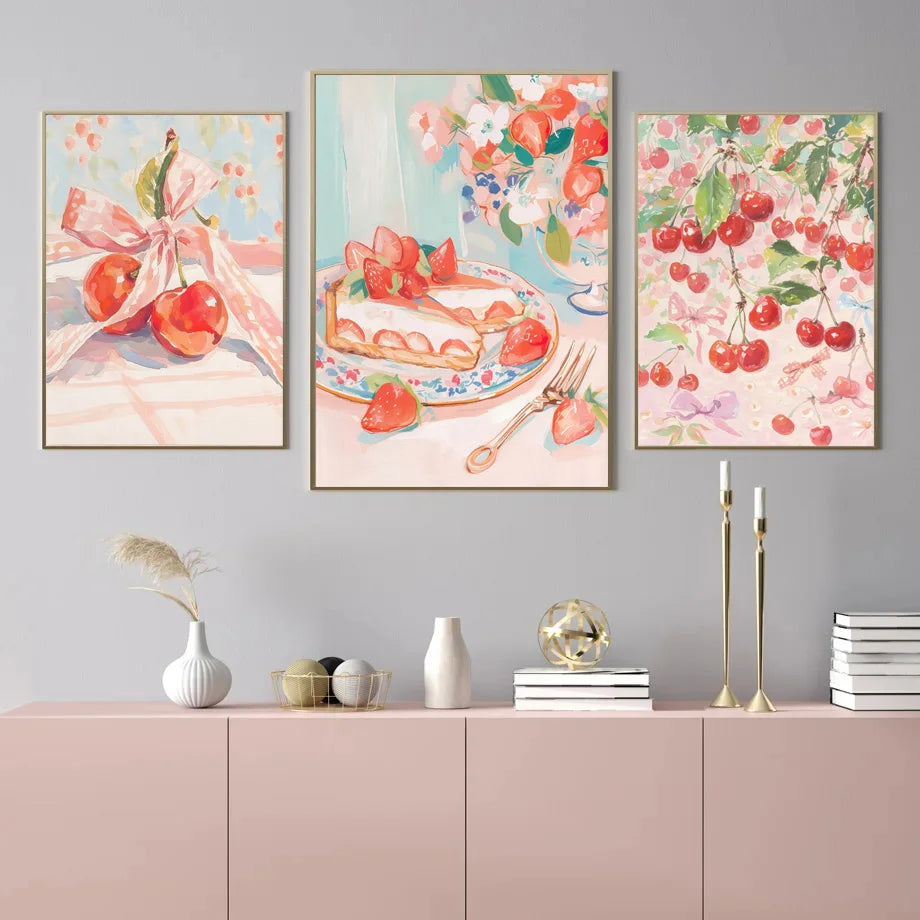 Retro Pink Cake Shop Dessert Gourmet Strawberry Cake Tea Poster Canvas Painting Prints Art Pictures Wall Decor