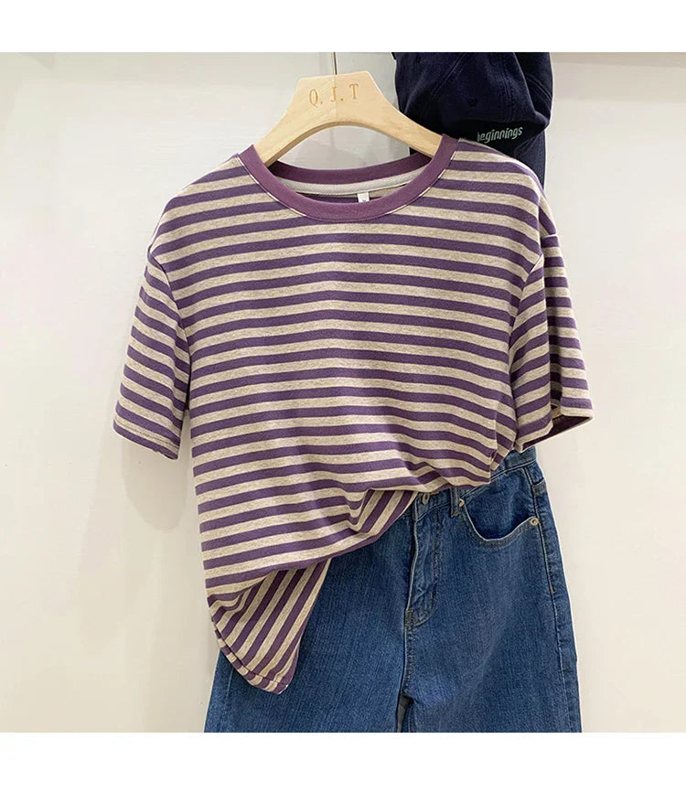 Summer Short Sleeve Striped T-Shirts Versatile Women Knitted Basic Casual Tops Female Cozy Loose Cotton Tees