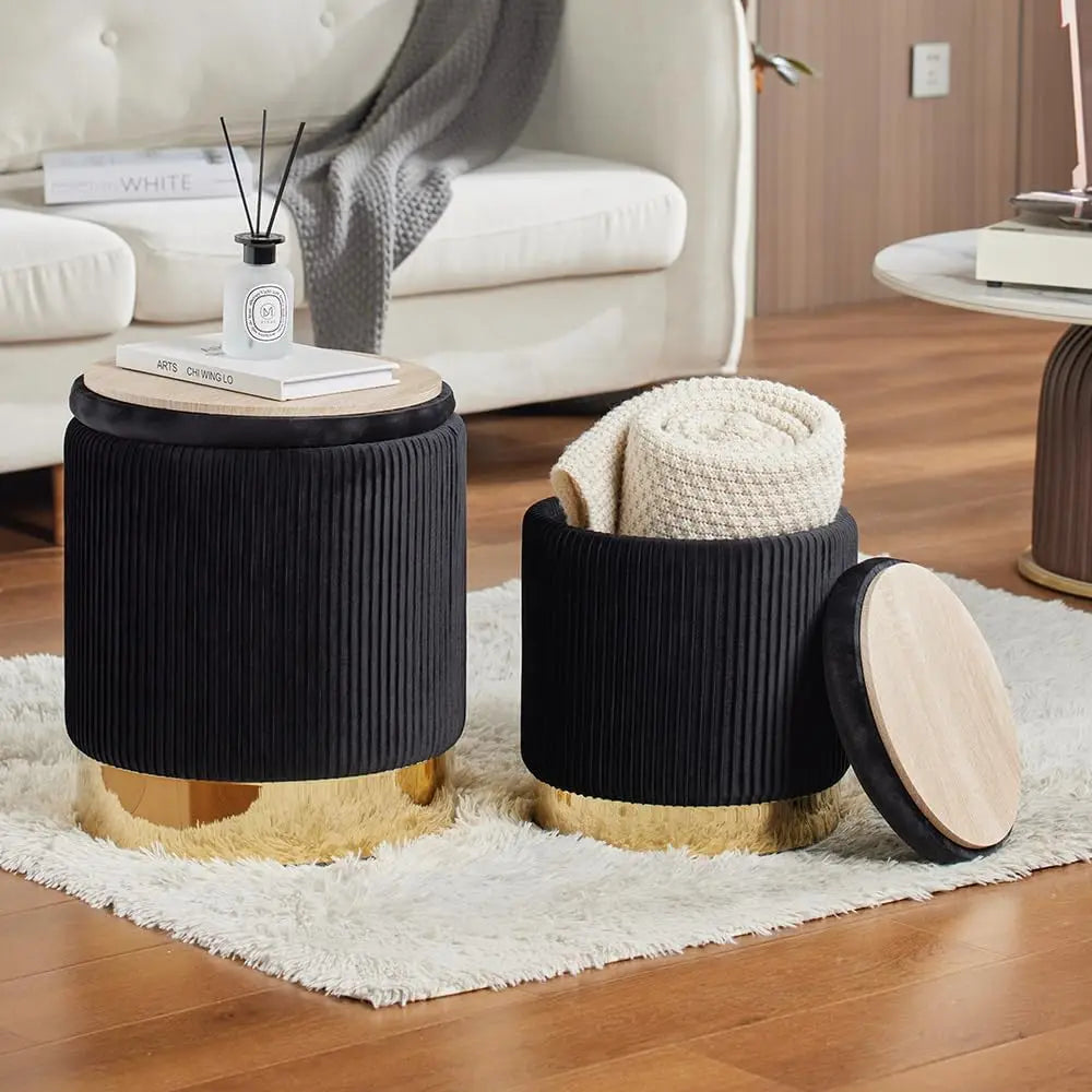 Round Ottoman with Storage Set of 2 Upholstered Velvet Vanity Stool for Living Room Ottomans Multifunctional Foot Rest