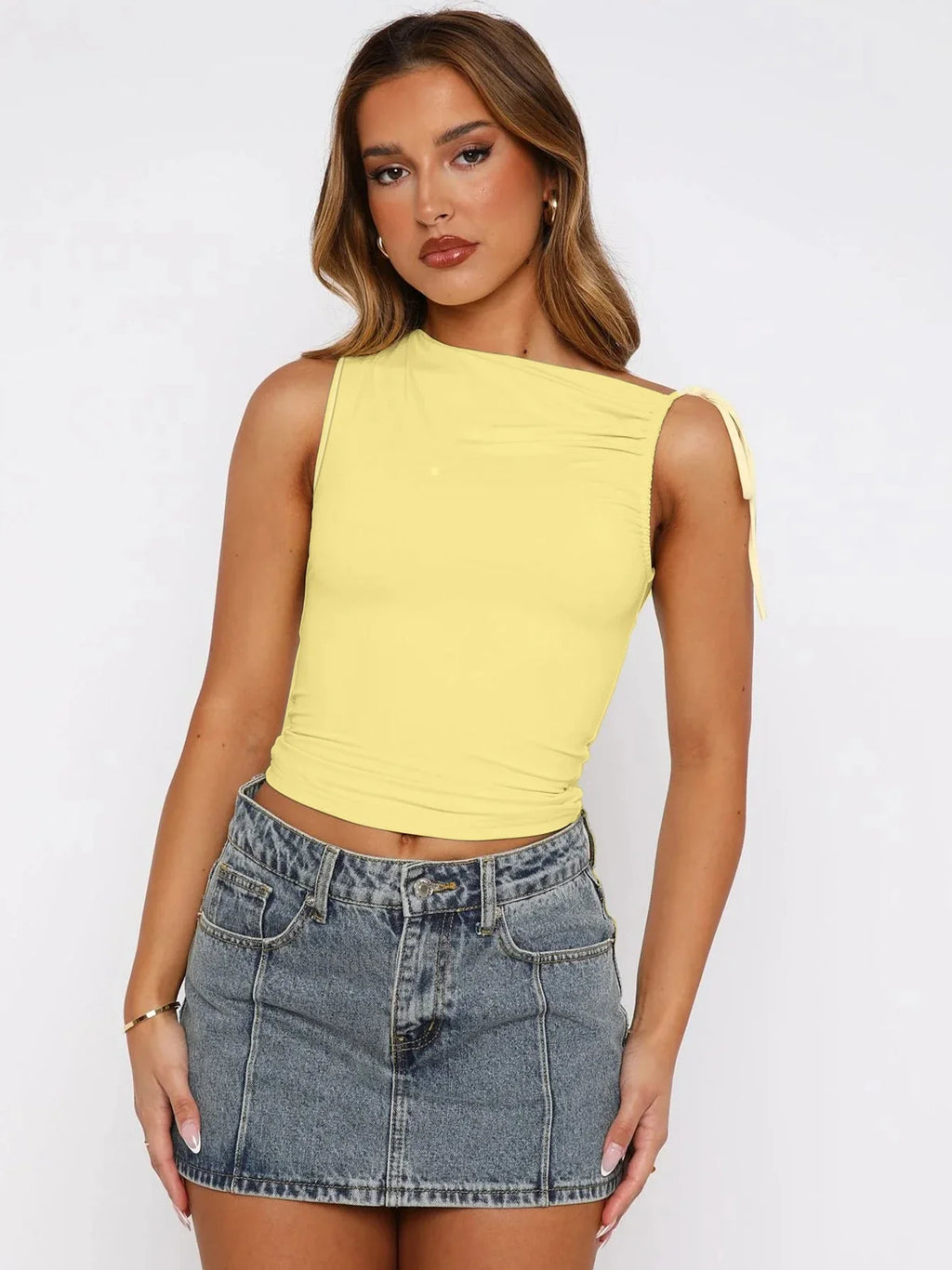 Sleeveless Skew Collar Ruched Lace Up Bodycon Crop Top Sexy Elegant l