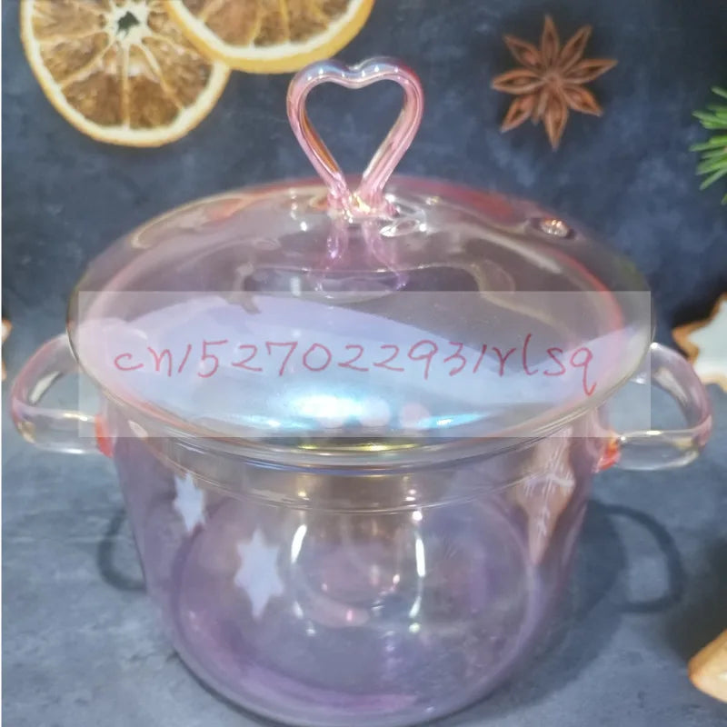 Pink Flower Instant Noodles Glass Pot Can Be Heated Soup Pot Double Ears Salad Bowl Covered with a Large Capacity Bowl