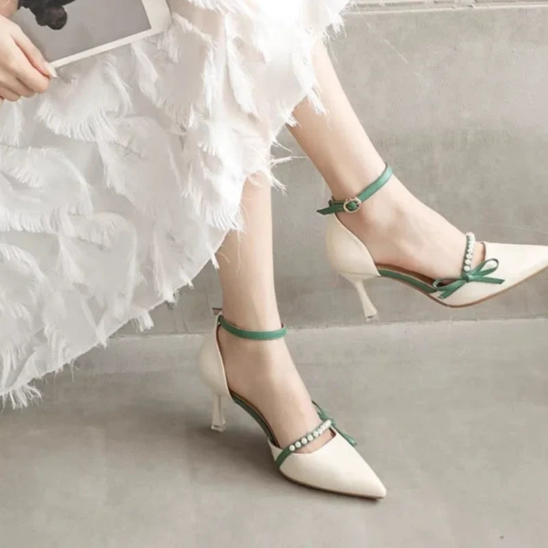 Women Pearl Pumps Heeled Pointed Toe with Side Bowknot