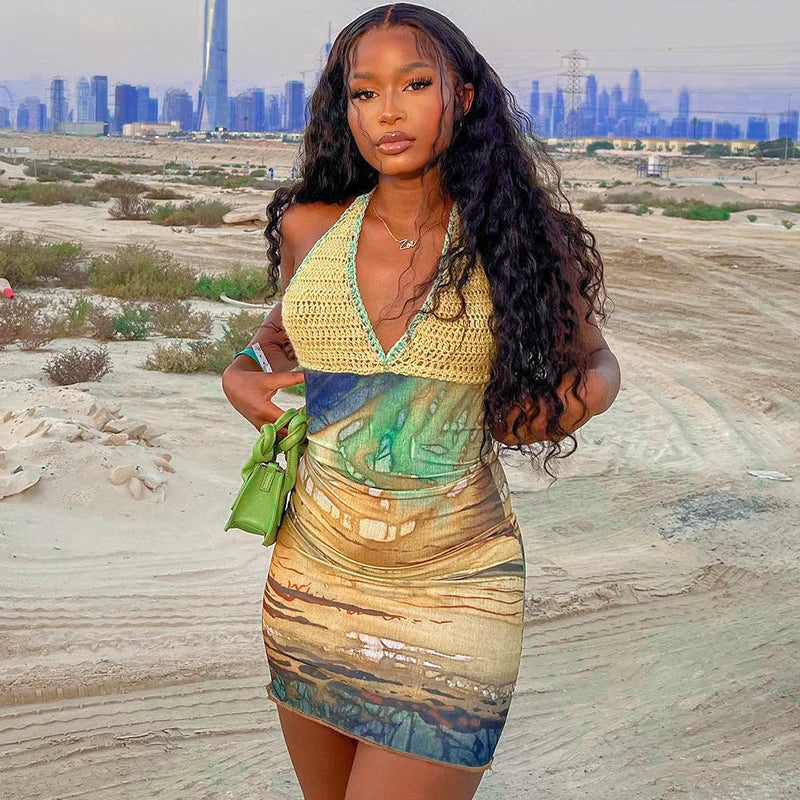 Halter Knitted Scenery Print Backless Lace Up Sexy Mini Dress Women Fashion Clothes