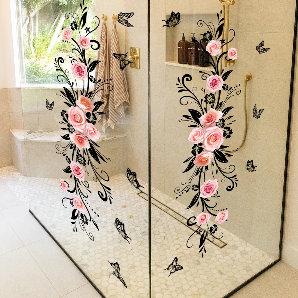 Pink Rose and Black Butterfly Glass Wall Sticker Cozy Living Room Bathroom Bedroom Double Sided Visible Self Adhesive Sticker