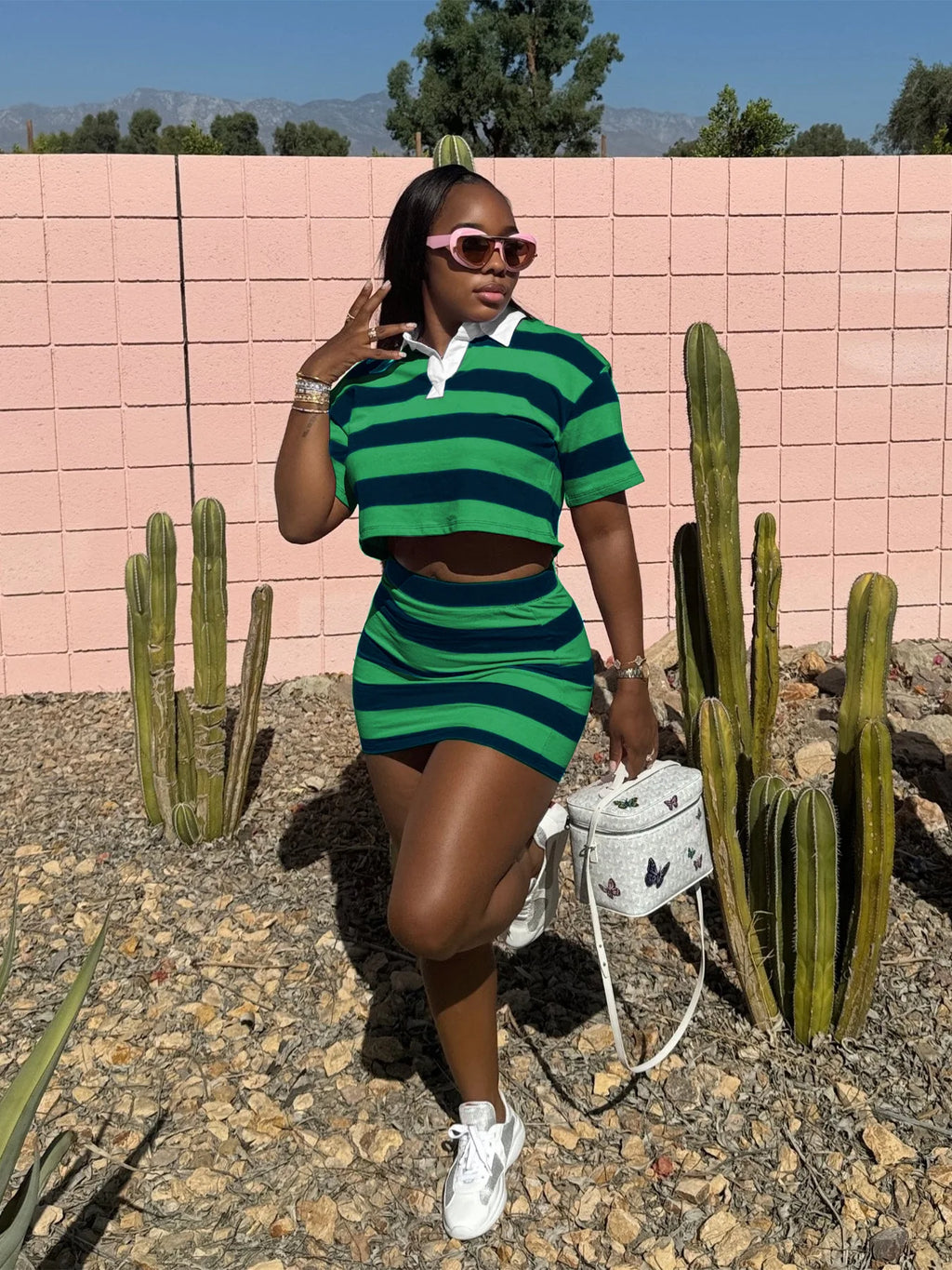 Striped Print Two Piece Set Women Casual Lapel Short Sleeved Polo Tshirt Skirt Two Piece Set Women