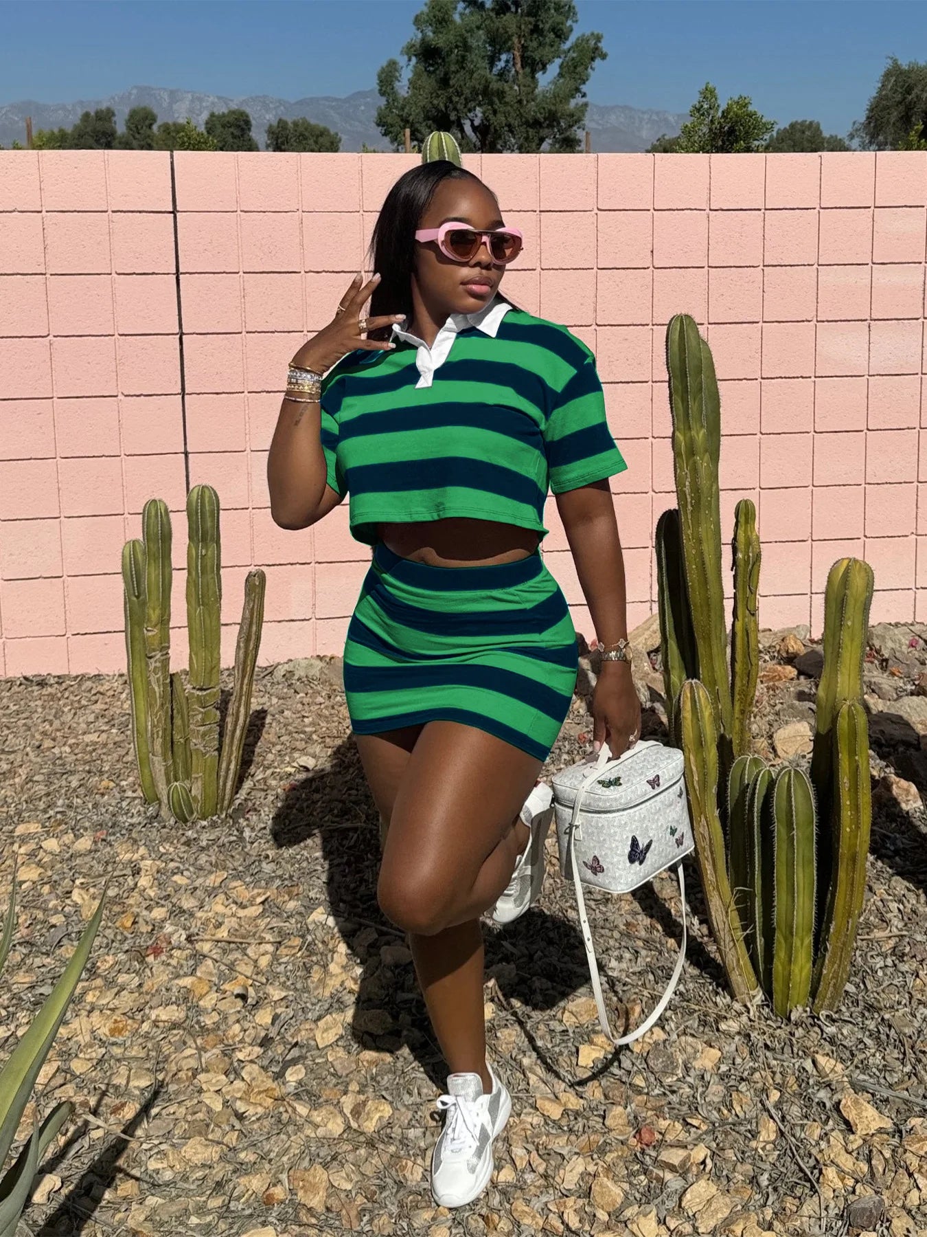 Striped Print Two Piece Set Women Casual Lapel Short Sleeved Polo Tshirt Skirt Two Piece Set Women