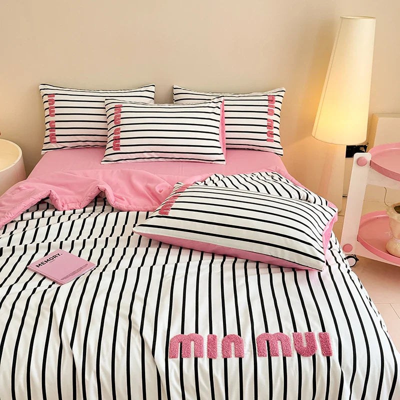 Stripe Quilt set Pink And White Bedding Set with Flat Sheet Set Soft  Fluffy Embroidery Quilt Set