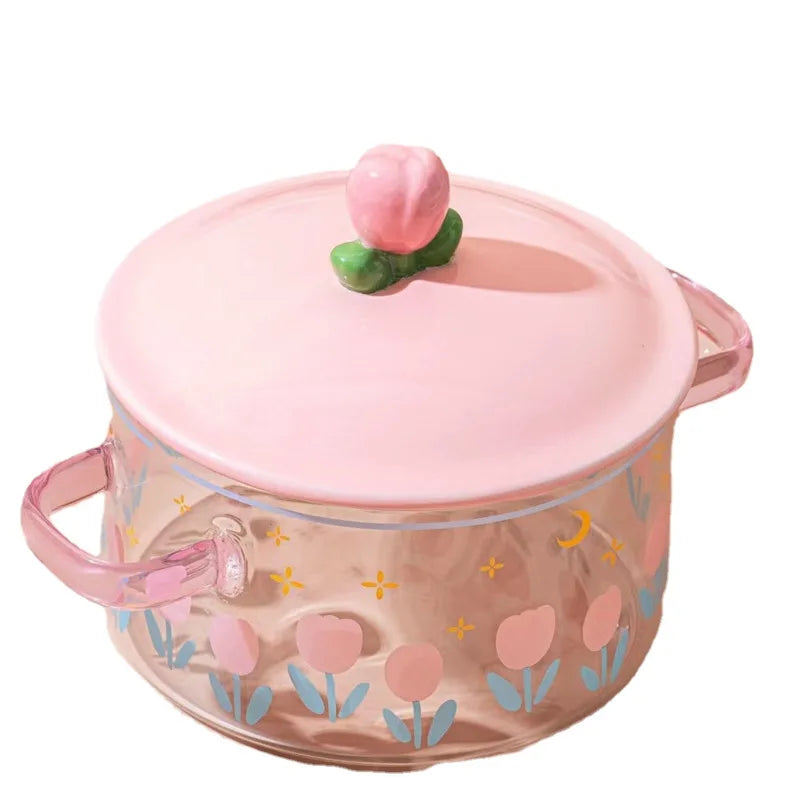 Pink Flower Instant Noodles Glass Pot Can Be Heated Soup Pot Double Ears Salad Bowl Covered with a Large Capacity Bowl