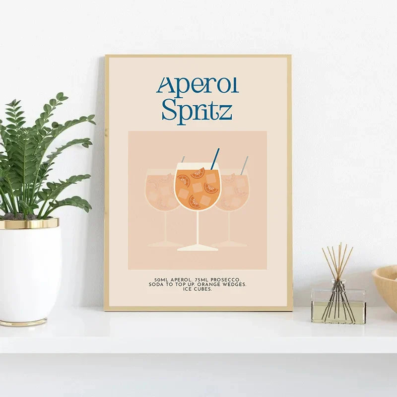 Retro Cocktail Alcohol Drink Poster Aperol Spritz Espresso Martini Canvas Printing Wall Art Vintage Bar Recipe Kitchen Decor