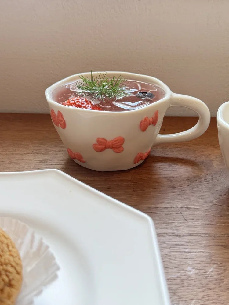 Hand Pinched Irregular Ceramic Hand-drawn Daisy Milk Tea Cup Pink Bow