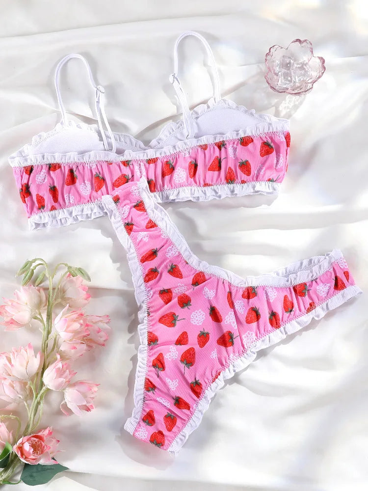 Fruit Ruffle Two Piece Suit Print Low Waist Women Swimwear