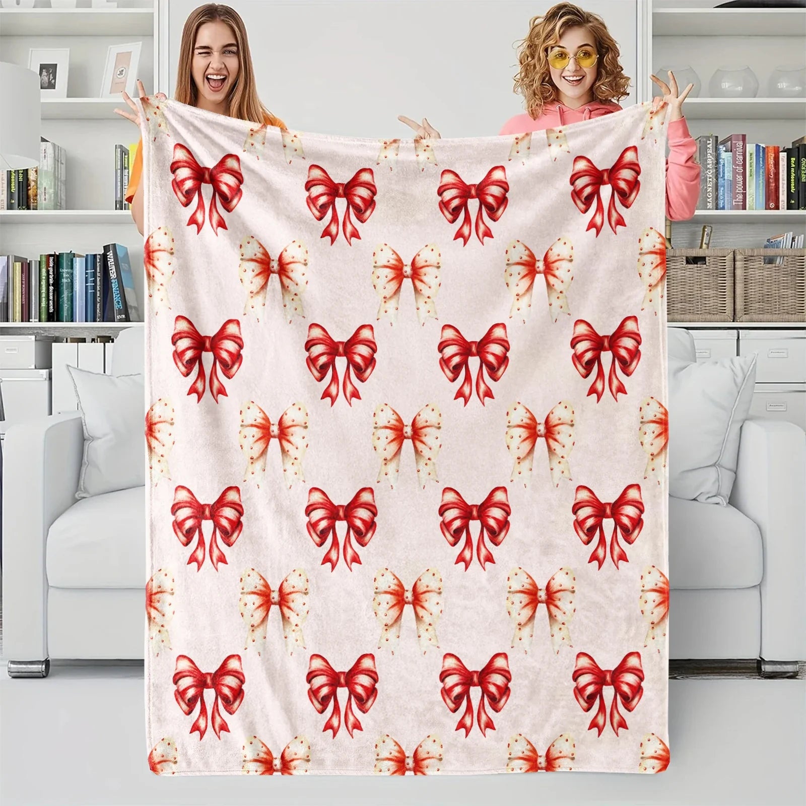 Pink Bow Blanket, Flannel Decorative Blanket, Bedding Accessories, Soft Cozy Warm Blanket