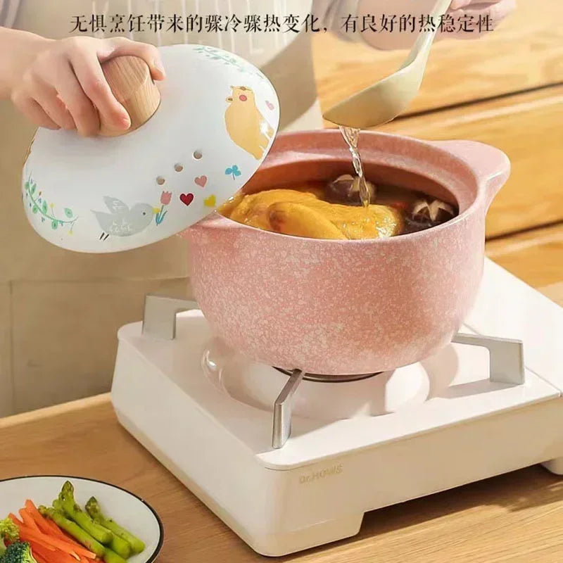 Ceramic Casserole Korean Cartoon Ceramics Soup Pot Cute Pink Saucepan Cookware Utensils Clay Pan Home Kitchen Cooking Supplies