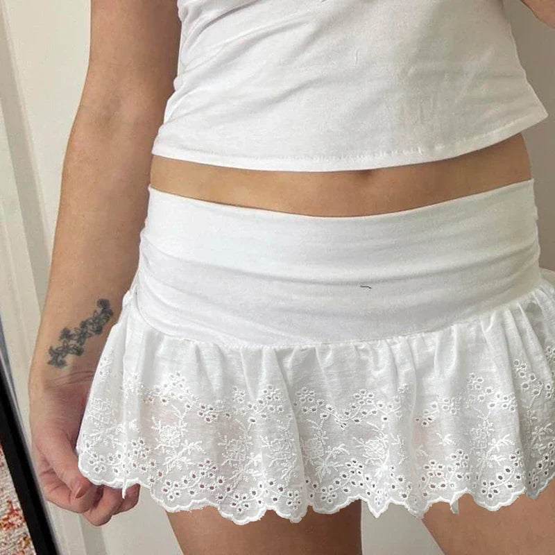 White Lace Pleated Skirt with Shorts Cute Coquette Low Rise Patchwork Super-short Mini Skirt