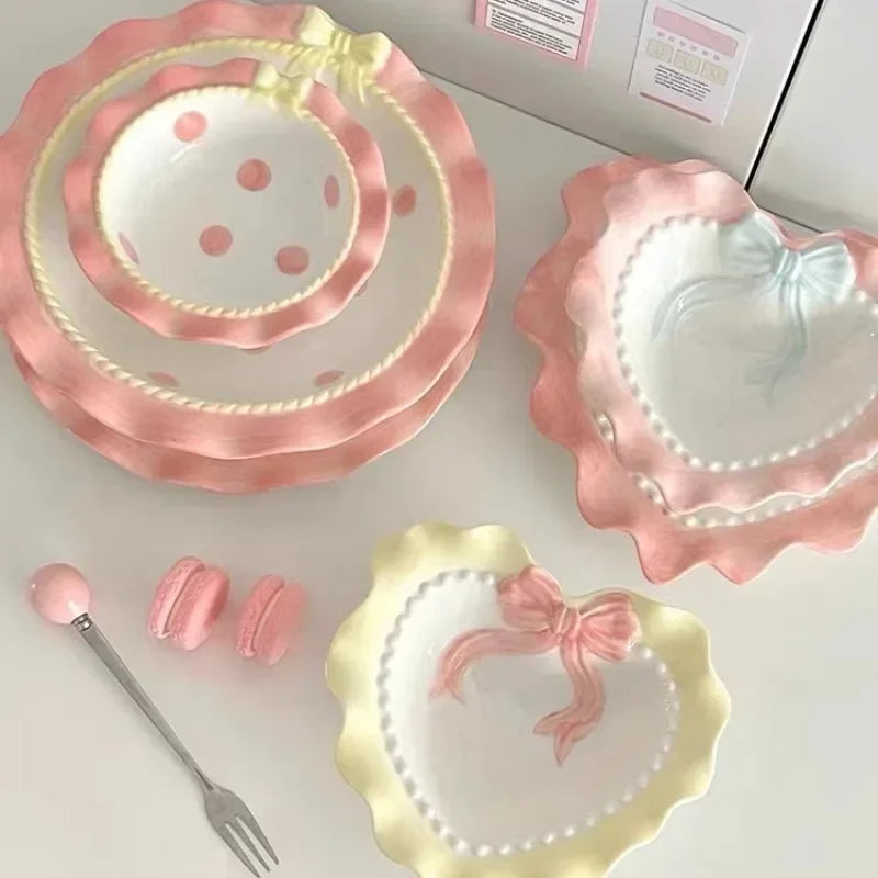 Heart-shaped Bow Wavy Edge Ceramic Dinnerware Set Ideal Cake Presentation,  Princess Pastry Platter, Lace-edged Rice Bowls