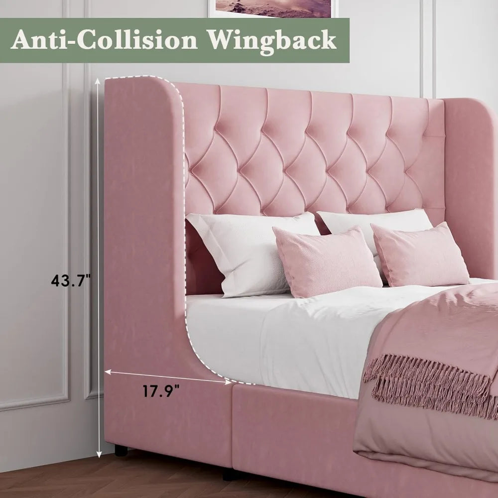 Full Size Bed Frame, Upholstered Bed Frame with Tufted Velvet Headboard and Wide Wingback, Sturdy Wooden Slats Supports