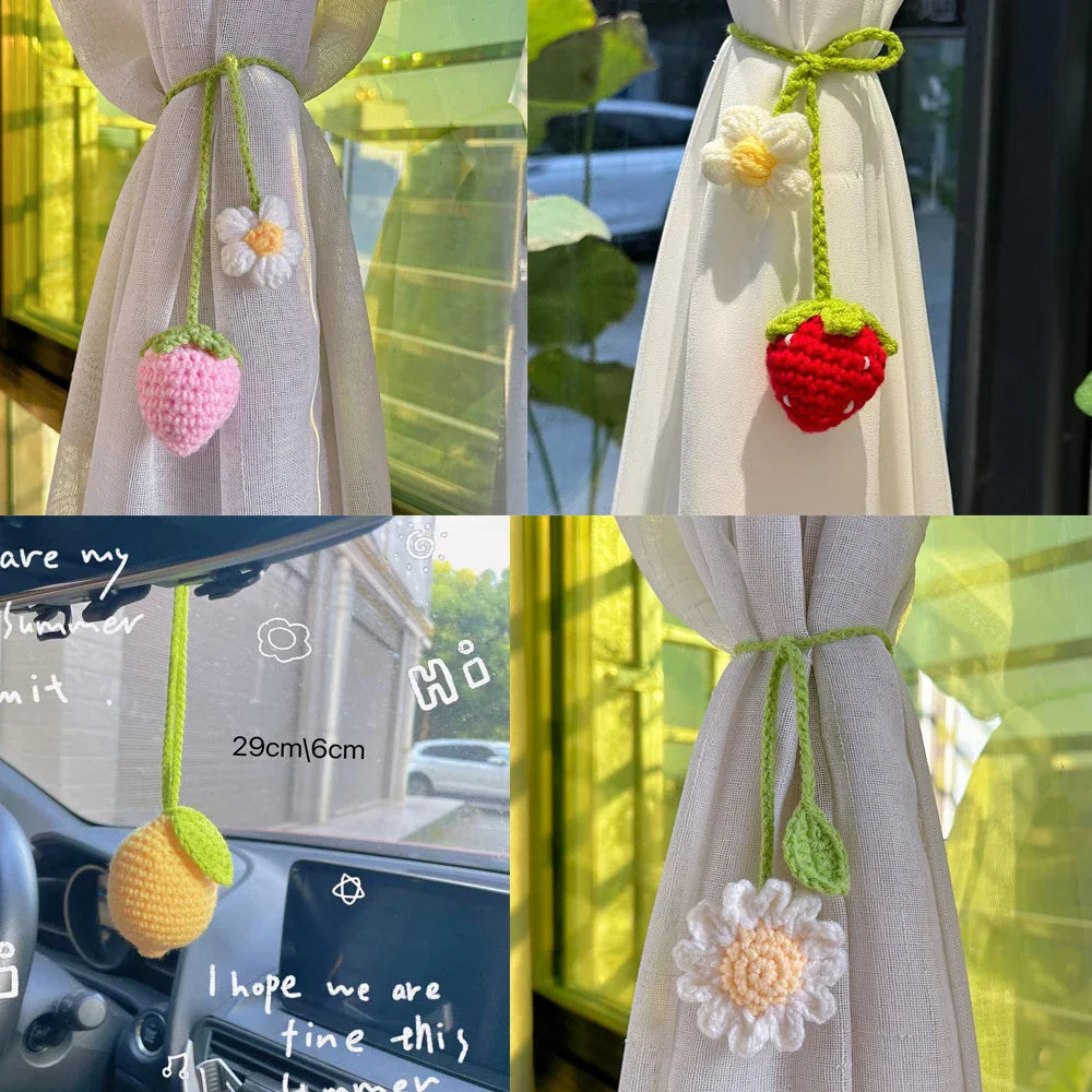 Cute Knitted Strawberry Pendant Knitting Flower Bag Pendant Creative Crochet Flower Curtain Tie Decor