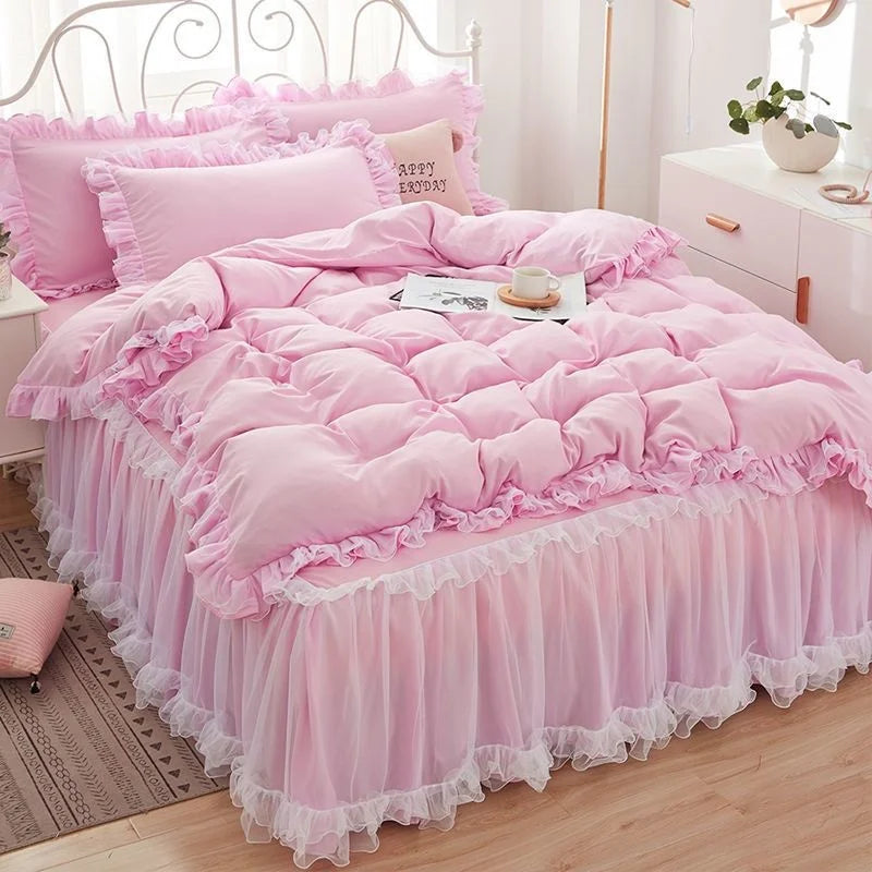 Princess Girl Pink Bedding Skirt Sheet With Lace Solid Color Bed Cover Pillowcase Decor Bedroom