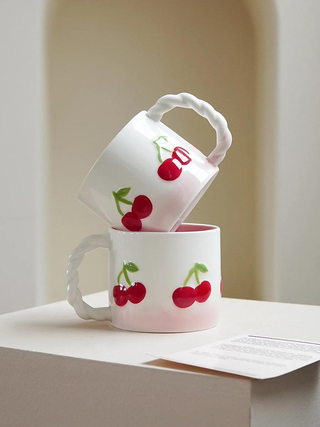 Pink Cherry Ceramic Mug, Twist Handle Ceramic Exquisite Pink Gradient Cup