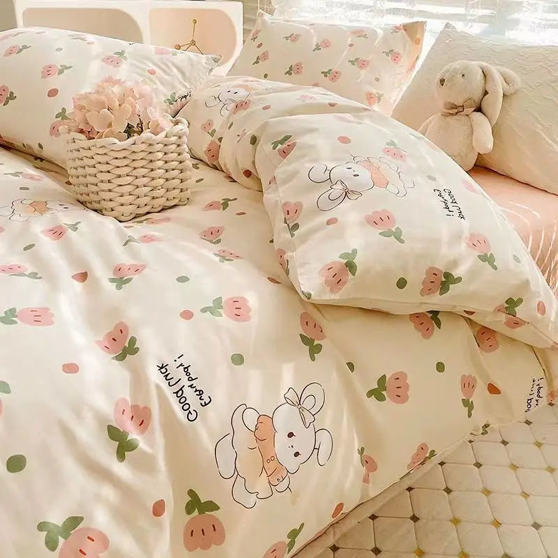 Romantic Cherry Heart Duvet Cover Set Flat Sheet Pillowcases Fashion New Twin Full Floral Bedding Set