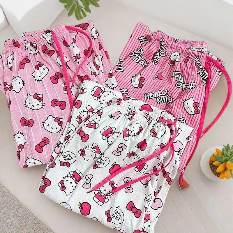 Hello Kitty Anime Y2k Kawaii Pajamas Women Loose Cartoon Casual Home Pants Trousers Girl Pajama Pants