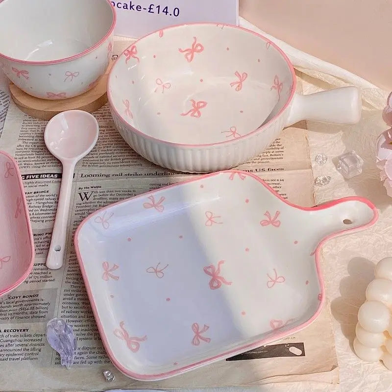 Pink Bow Ceramic Cutlery Set, Home Tableware Ceramic Handle Bowl Yogurt Cup High Value Breakfast Plate Drinkware